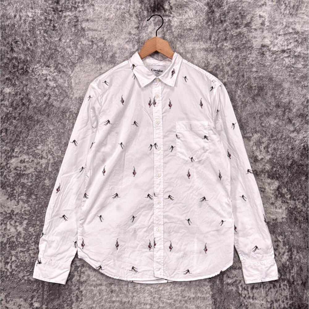 Corridor NYC Ski Jump Broadcloth Shirt Small Mens White Embroidered Long Sleeve